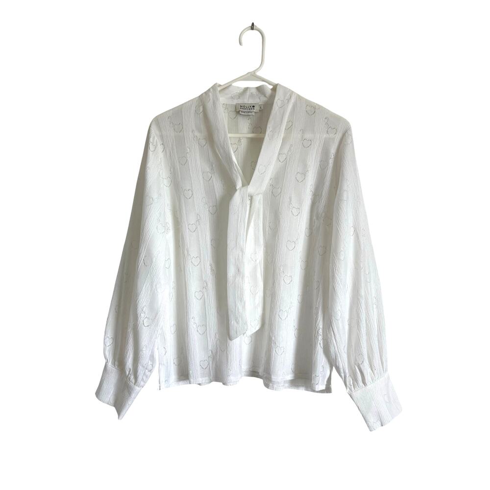 Molly Bracken White Sheer Hearts Tie Neck Blouse Long Sleeves Large Coquette